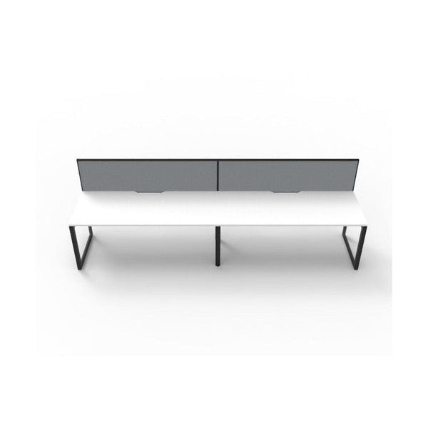 Rapidline Deluxe Infinity single sided 2 person loop leg workstation, Natural White top on Black Satin base, with grey fabric screens, straight front view