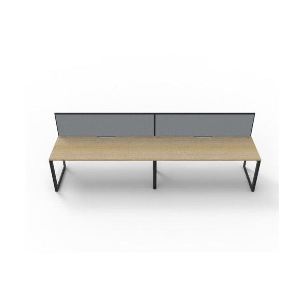 Rapidline Deluxe Infinity single sided 2 person loop leg workstation, Natural Oak top on Black Satin base, with grey fabric screens, straight front view