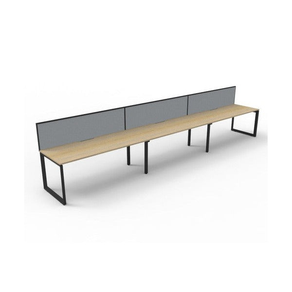 Rapidline Deluxe Infinity single sided 3 person loop leg workstation, Natural Oak top on Black Satin base, with grey fabric screens, angled view along the run from the front left