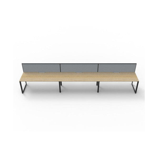 Rapidline Deluxe Infinity single sided 3 person loop leg workstation, Natural Oak top on Black Satin base, with grey fabric screens, straight front view