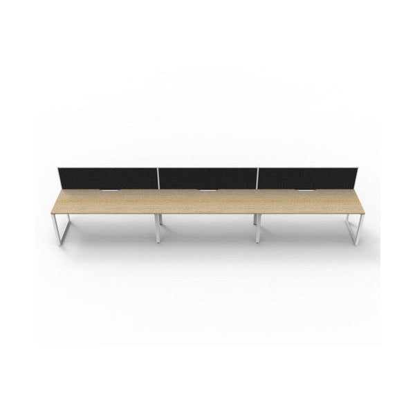 Rapidline Deluxe Infinity single sided 3 person loop leg workstation, Natural Oak top on White Satin base, with black fabric screens, straight front view
