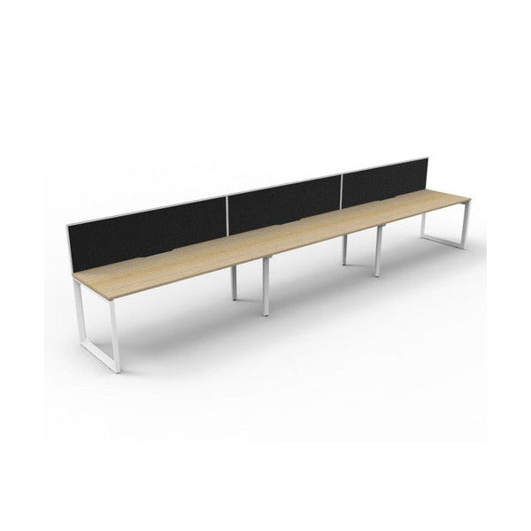 Rapidline Deluxe Infinity single sided 3 person loop leg workstation, Natural Oak top on White Satin base, with black fabric screens, angled view along the run from the front left