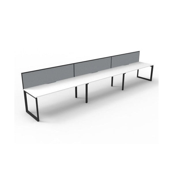 Rapidline Deluxe Infinity single sided 3 person loop leg workstation, Natural White top on Black Satin base, with grey fabric screens, angled view along the run from the front left
