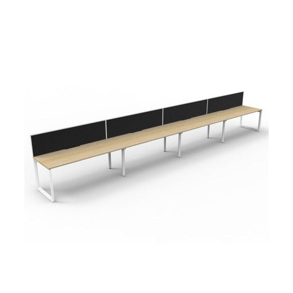 Rapidline Deluxe Infinity single sided loop leg pod of 4 with Natural Oak tops, White Satin base and black fabric screen, angled three-quarter view on a white background