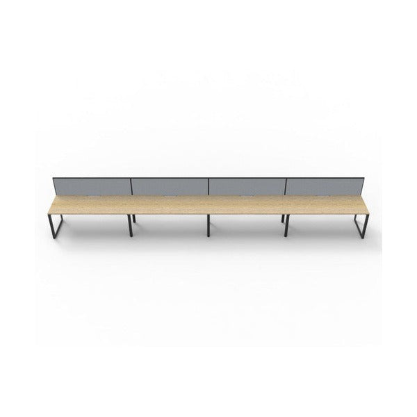Rapidline Deluxe Infinity single sided loop leg pod of 4 with Natural Oak tops, Black Satin base and grey fabric screen, straight front view on a white background