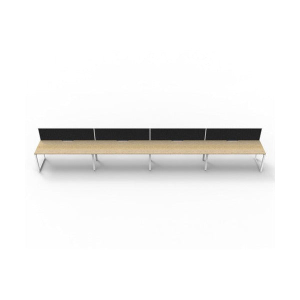 Rapidline Deluxe Infinity single sided loop leg pod of 4 with Natural Oak tops, White Satin base and black fabric screen, straight front view on a white background
