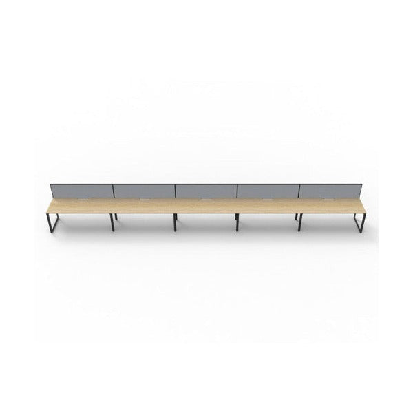 Rapidline Deluxe Infinity single sided loop leg pod of 5 with Natural Oak tops, Black Satin base and grey fabric screen, straight front view on a white background