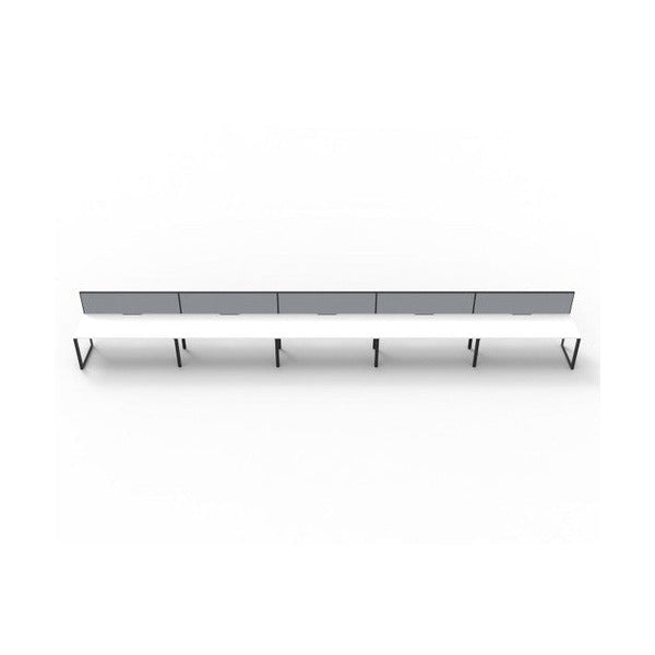 Rapidline Deluxe Infinity single sided loop leg pod of 5 with Natural White tops, Black Satin base and grey fabric screen, straight front view on a white background