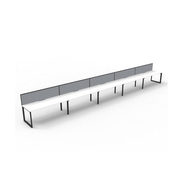 Rapidline Deluxe Infinity single sided loop leg pod of 5 with Natural White tops, Black Satin base and grey fabric screen, angled three-quarter view on a white background