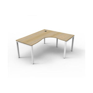 Rapidline Deluxe Infinity corner workstation, Natural Oak top on a white satin profile leg base, wider three quarter view with cable hole visible