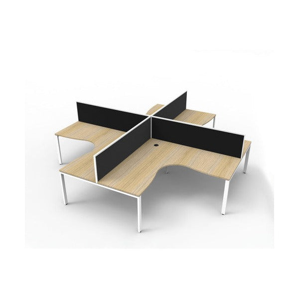 Four person Rapidline Deluxe Rapid Infinity profile leg corner pod rendered on white, natural oak worksurfaces on white satin legs with black fabric desk mounted screens