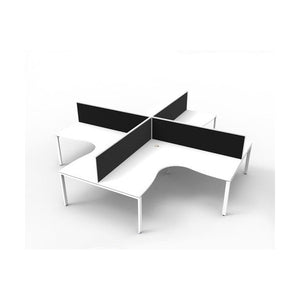 Four person Rapidline Deluxe Rapid Infinity profile leg corner pod rendered on white, natural white worksurfaces on white satin legs with black fabric desk mounted screens
