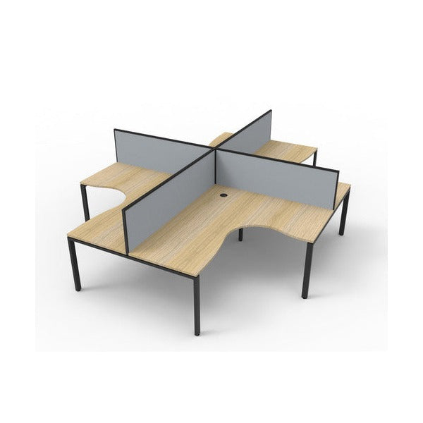 Four person Rapidline Deluxe Rapid Infinity profile leg corner pod rendered on white, natural oak worksurfaces on black satin legs with grey fabric desk mounted screens