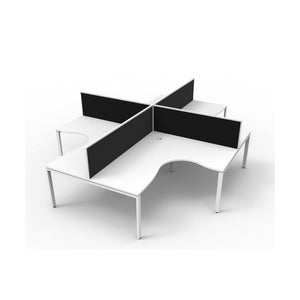 Four person Rapidline Deluxe Rapid Infinity profile leg corner pod rendered on white, natural white worksurfaces on white satin legs with black fabric desk mounted screens
