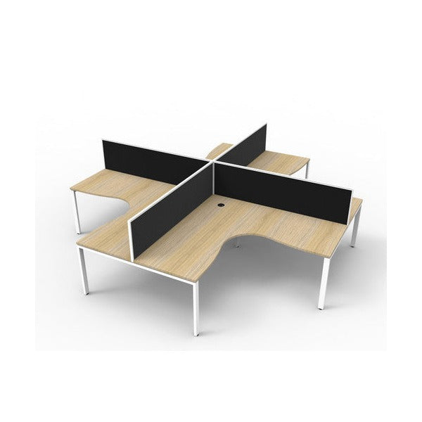 Four person Rapidline Deluxe Rapid Infinity profile leg corner pod rendered on white, natural oak worksurfaces on white satin legs with black fabric desk mounted screens