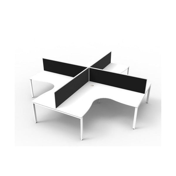 Four person Rapidline Deluxe Rapid Infinity profile leg corner pod rendered on white, natural white worksurfaces on white satin legs with black fabric desk mounted screens