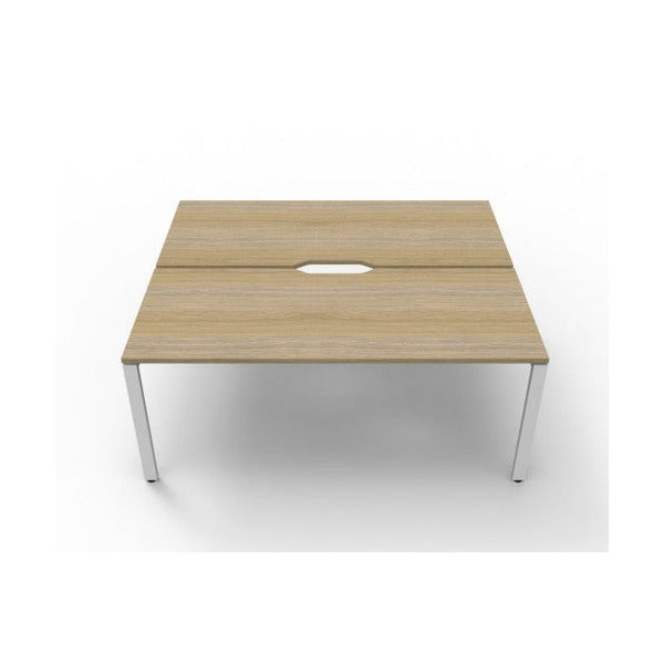 Rapidline Deluxe Infinity back to back two person workstation with Natural Oak tops on a White Satin base, front view looking across both desks