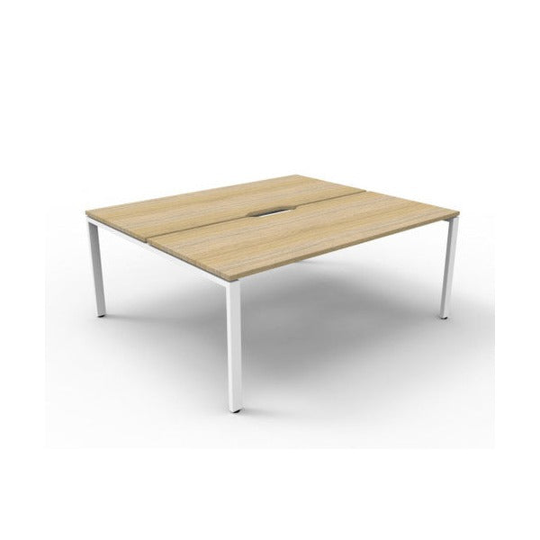 Rapidline Deluxe Infinity back to back two person workstation with Natural Oak tops on a White Satin base, three quarter view from the front