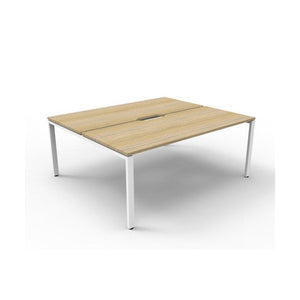 Rapidline Deluxe Infinity back to back two person workstation with Natural Oak tops on a White Satin base, three quarter view from the front