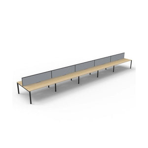 Three-quarter view of the Rapidline Deluxe Infinity Back to Back 10 Person Workstation with Natural Oak top, Black Satin base and grey fabric screens
