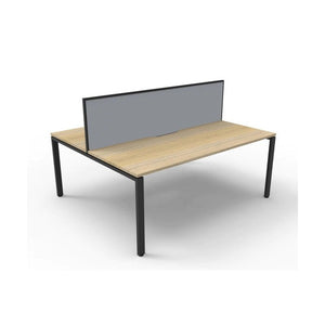 Rapidline Deluxe Infinity back to back two person workstation with Natural Oak tops on a Black Satin base and a grey fabric dividing screen, three quarter view from the front