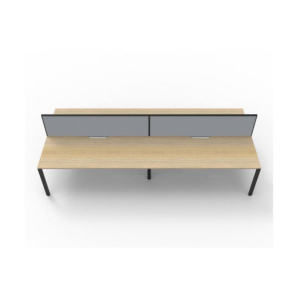 Front view of the Rapidline Deluxe Infinity Back to Back 4 Person Workstation with Natural Oak top, Black Satin base and grey fabric screens