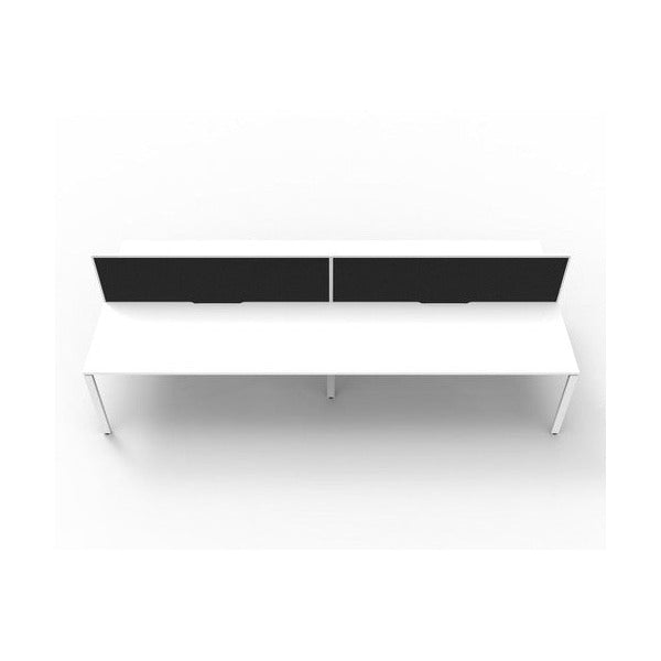 Front view of the Rapidline Deluxe Infinity Back to Back 4 Person Workstation with Natural White top, White Satin base and black fabric screens