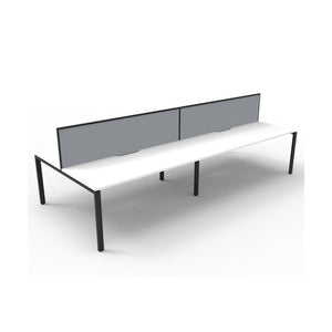 Three-quarter view of the Rapidline Deluxe Infinity Back to Back 4 Person Workstation with Natural White top, Black Satin base and grey fabric screens