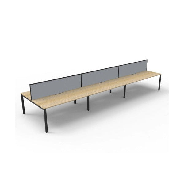 Three-quarter view of the Rapidline Deluxe Infinity Back to Back 6 Person Workstation with Natural Oak top, Black Satin base and grey fabric screens