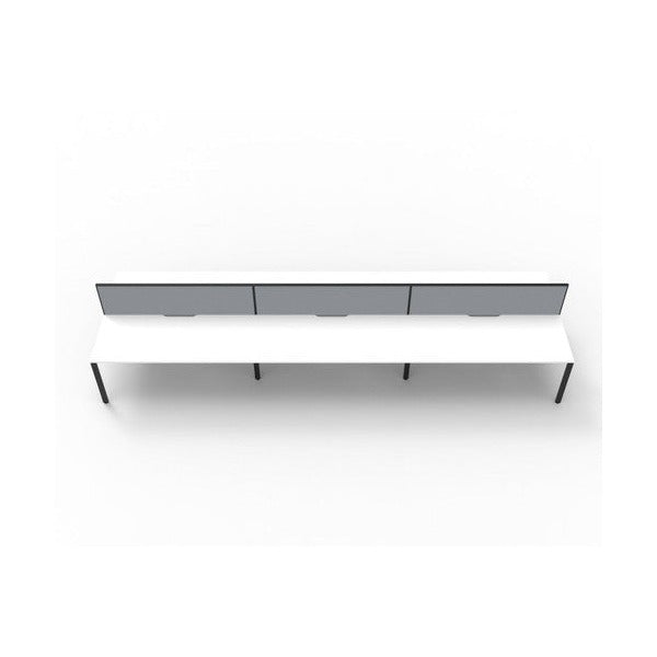 Front view of the Rapidline Deluxe Infinity Back to Back 6 Person Workstation with Natural White top, Black Satin base and grey fabric screens