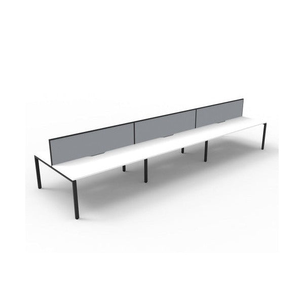 Three-quarter view of the Rapidline Deluxe Infinity Back to Back 6 Person Workstation with Natural White top, Black Satin base and grey fabric screens