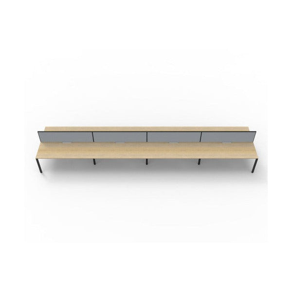 Front view of the Rapidline Deluxe Infinity Back to Back 8 Person Workstation with Natural Oak top, Black Satin base and grey fabric screens