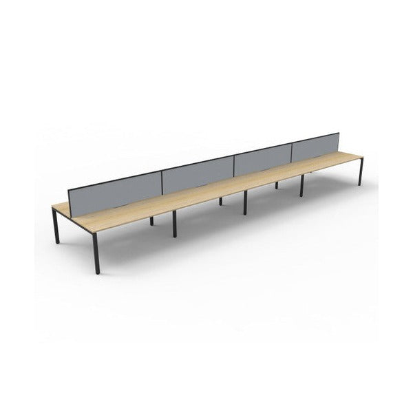Three-quarter view of the Rapidline Deluxe Infinity Back to Back 8 Person Workstation with Natural Oak top, Black Satin base and grey fabric screens
