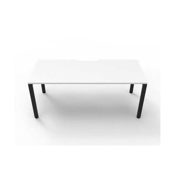Rapidline Deluxe Infinity single sided desk with Natural White top and Black Satin profile legs, no screen, front on view
