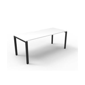 Rapidline Deluxe Infinity single sided desk with Natural White top and Black Satin profile legs, no screen, angled view on a white background