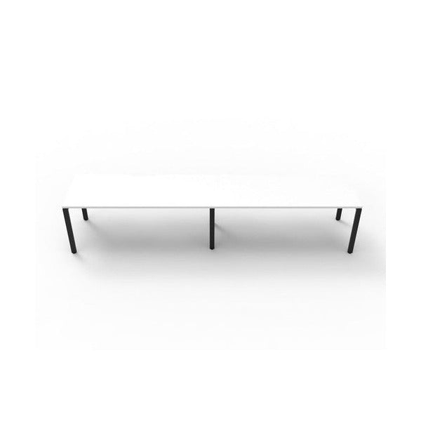 Rapidline Deluxe Infinity single sided 2 person workstation, Natural White tops and Black Satin profile legs, second front view.