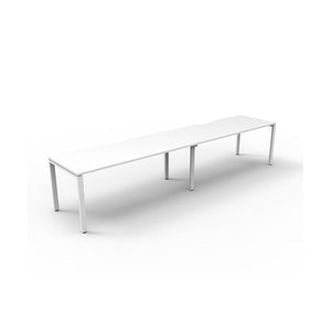 Rapidline Deluxe Infinity single sided 2 person workstation, Natural White tops and White Satin profile legs, angled view.