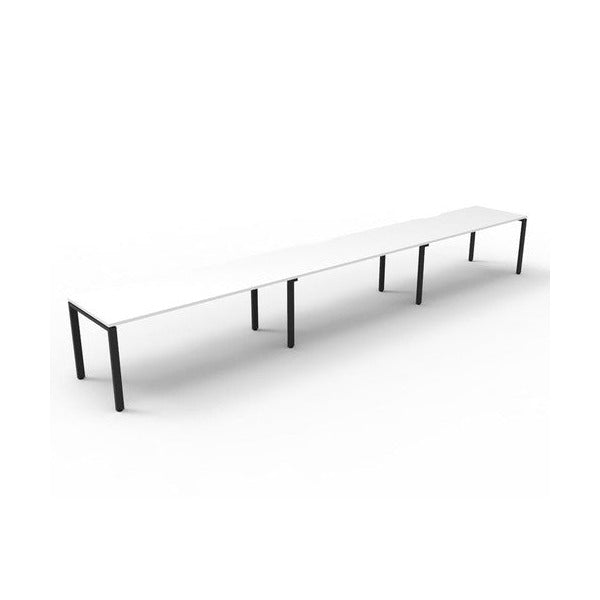 Rapidline Deluxe Infinity single sided 3 person workstation, Natural White tops and Black Satin profile legs, second angled view.