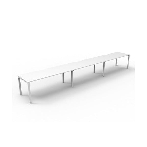 Rapidline Deluxe Infinity single sided 3 person workstation, Natural White tops and White Satin profile legs, second angled view.