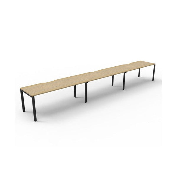 Rapidline Deluxe Infinity single sided 3 person workstation, Natural Oak tops and Black Satin profile legs, second angled view.