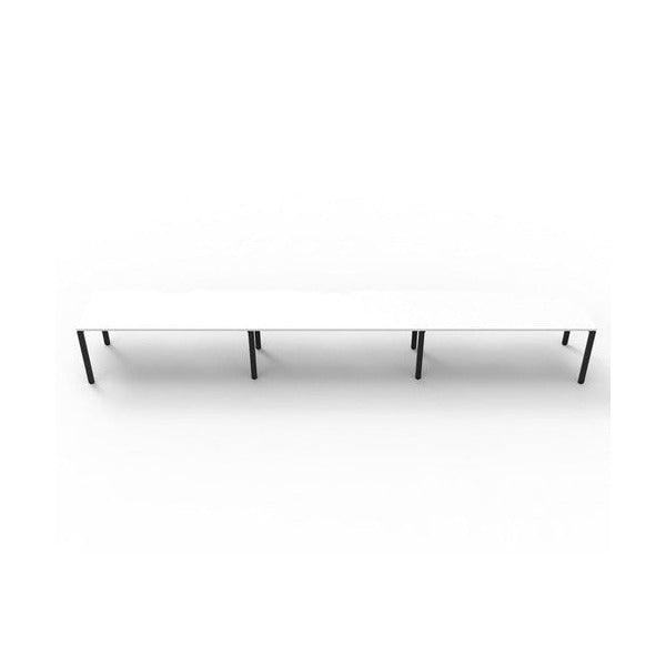 Rapidline Deluxe Infinity single sided 3 person workstation, Natural White tops and Black Satin profile legs, front view.