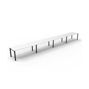 Rapidline Deluxe Infinity single sided profile leg workstation, pod of four desks with Natural White tops, Black Satin base, angled view from the front left on a white background