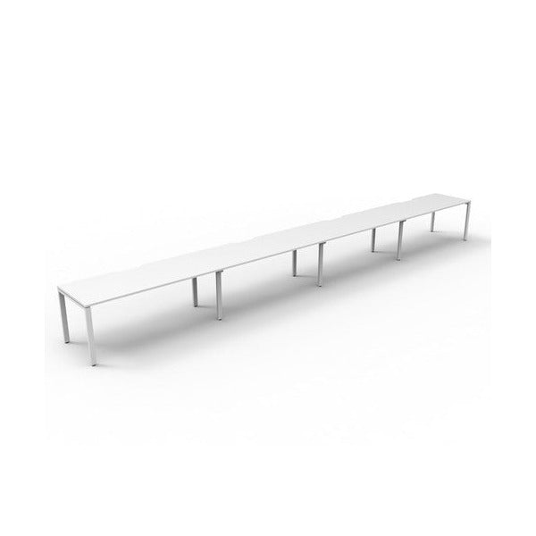 Rapidline Deluxe Infinity single sided profile leg workstation, pod of four desks with Natural White tops, White Satin base, angled view from the front left on a white background