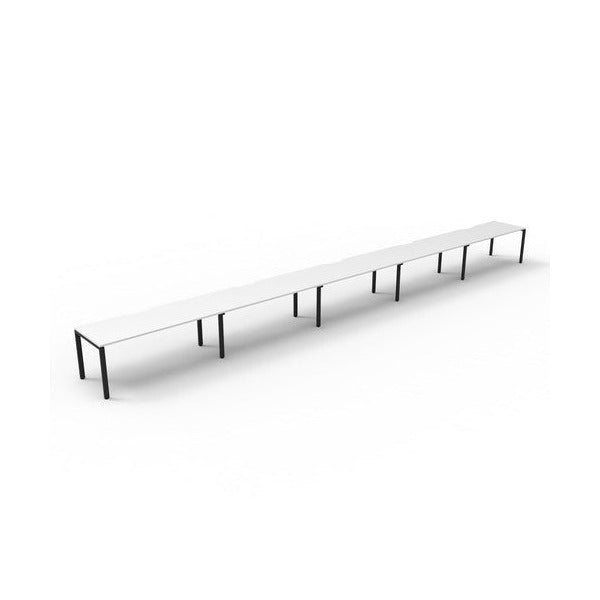 Rapidline Deluxe Infinity single sided profile leg workstation, pod of five desks with Natural White tops, Black Satin base, angled view from the front left on a white background