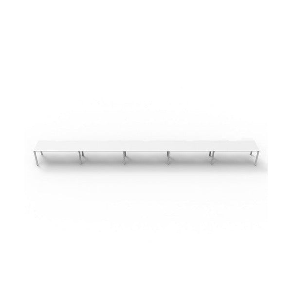 Rapidline Deluxe Infinity single sided profile leg workstation, pod of five desks with Natural White tops, White Satin base, front view at desk height on a white background