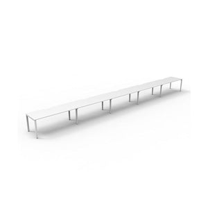 Rapidline Deluxe Infinity single sided profile leg workstation, pod of five desks with Natural White tops, White Satin base, angled view from the front left on a white background