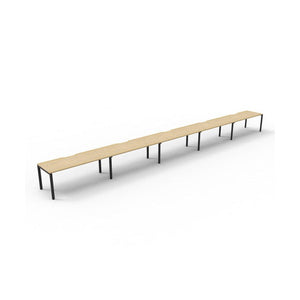 Rapidline Deluxe Infinity single sided profile leg workstation, pod of five desks with Natural Oak tops, Black Satin base, angled view from the front left on a white background