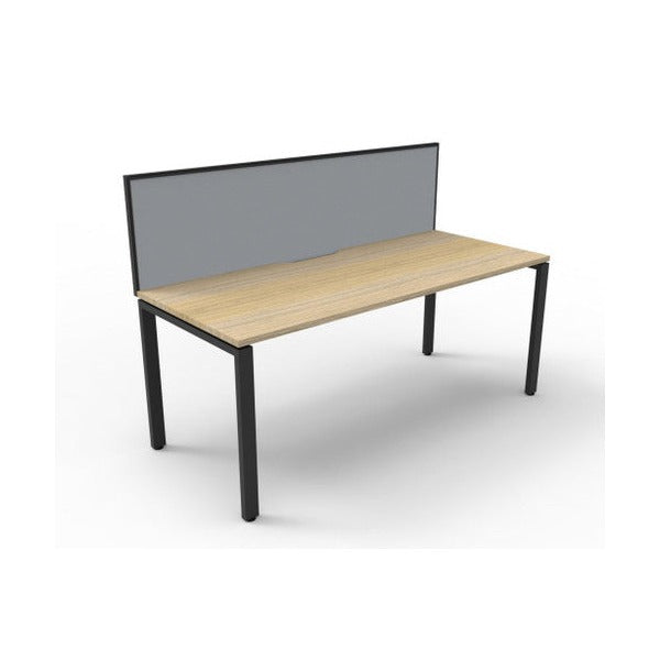 Rapidline Deluxe Infinity single sided desk with Natural Oak top and Black Satin profile legs, grey fabric screen, angled view on a white background