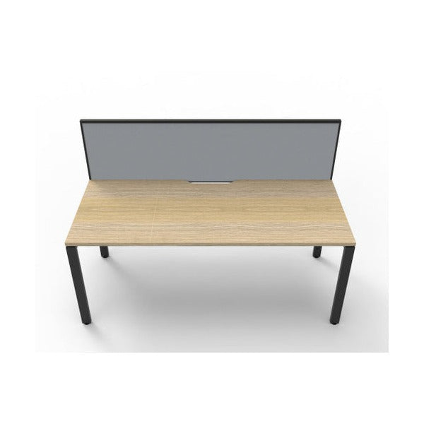 Rapidline Deluxe Infinity single sided desk with Natural Oak top and Black Satin profile legs, grey fabric screen, front on view