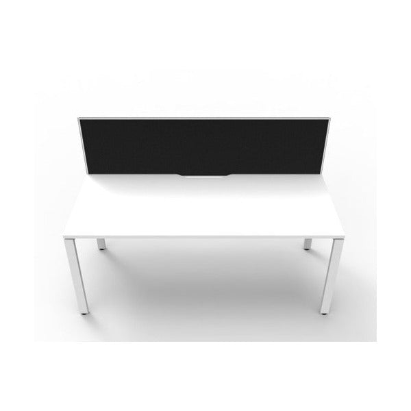 Rapidline Deluxe Infinity single sided desk with Natural White top and White Satin profile legs, black fabric screen, front on view